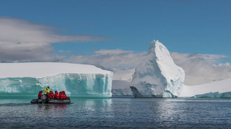 People sailing near ice caps.
