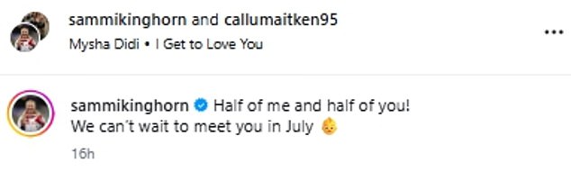 'Half of me and half of you! We can¿t wait to meet you in July,' Sammi captioned the clip