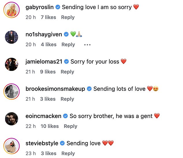 The Irish actor was inundated with condolences from his former Hollyoaks cast mates, including Jamie Lomas