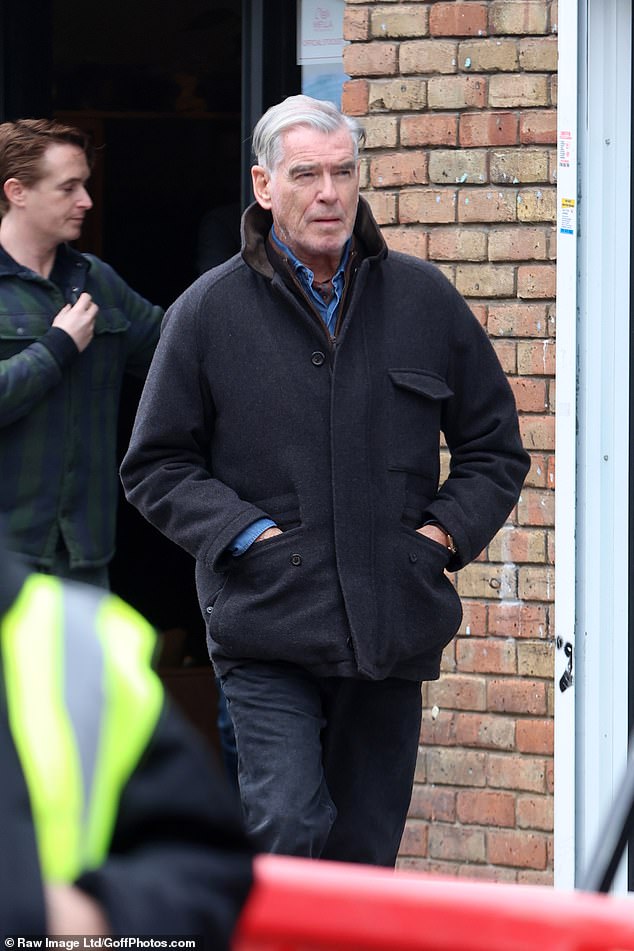 The actor was seen on set filming the second season of Guy Ritchie's Mobland alongside lead actor Pierce Bronsan (pictured)