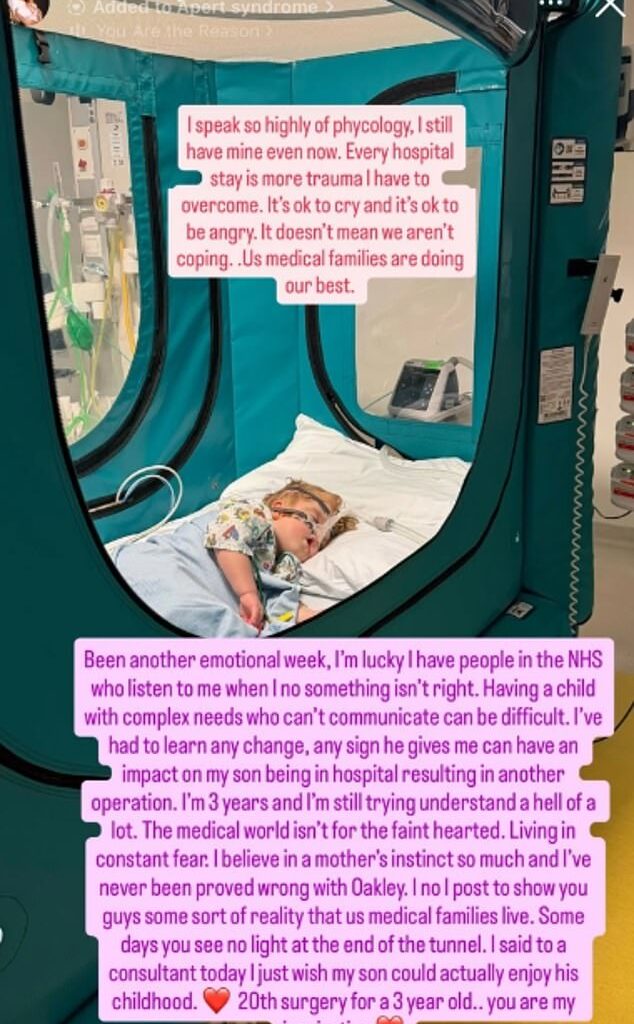 Aaron Chalmers' ex, Talia Oatway, has revealed their son Oakley, three, has had 20 surgeries as she shared a heartfelt post to Instagram on Wednesday