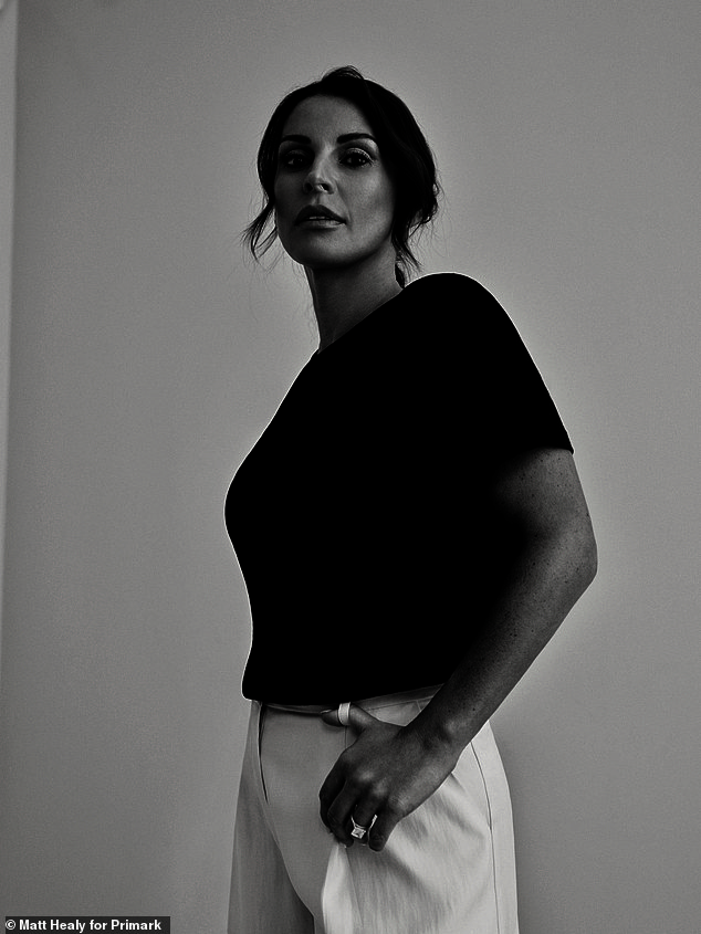 Showcasing her new collection in a stunning photoshoot, Coleen slipped into a stylish black shoulder-pad T-shirt paired with cream culotte trousers