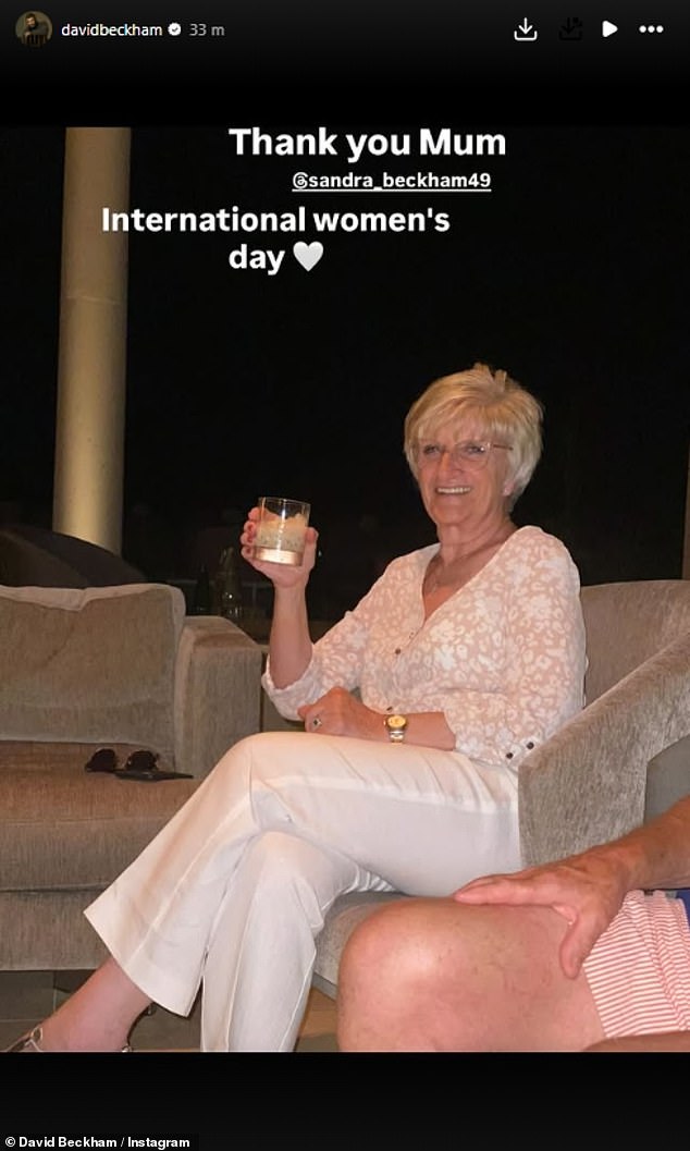 Meanwhile David also paid tribute to his mother Sandra, 75, as he captioned a photo of her sipping on a cocktail: 'Thank you mum @sandrabeckham'