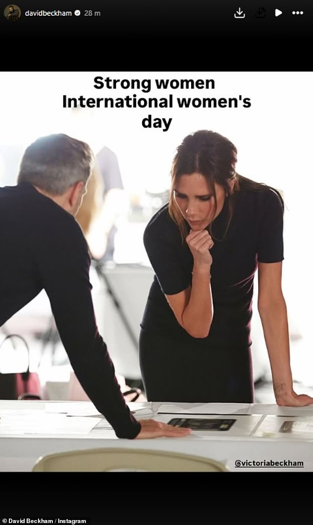 But he was sure to share a photo of Victoria in her element, looking through designs for her brand as he highlighted her business acumen