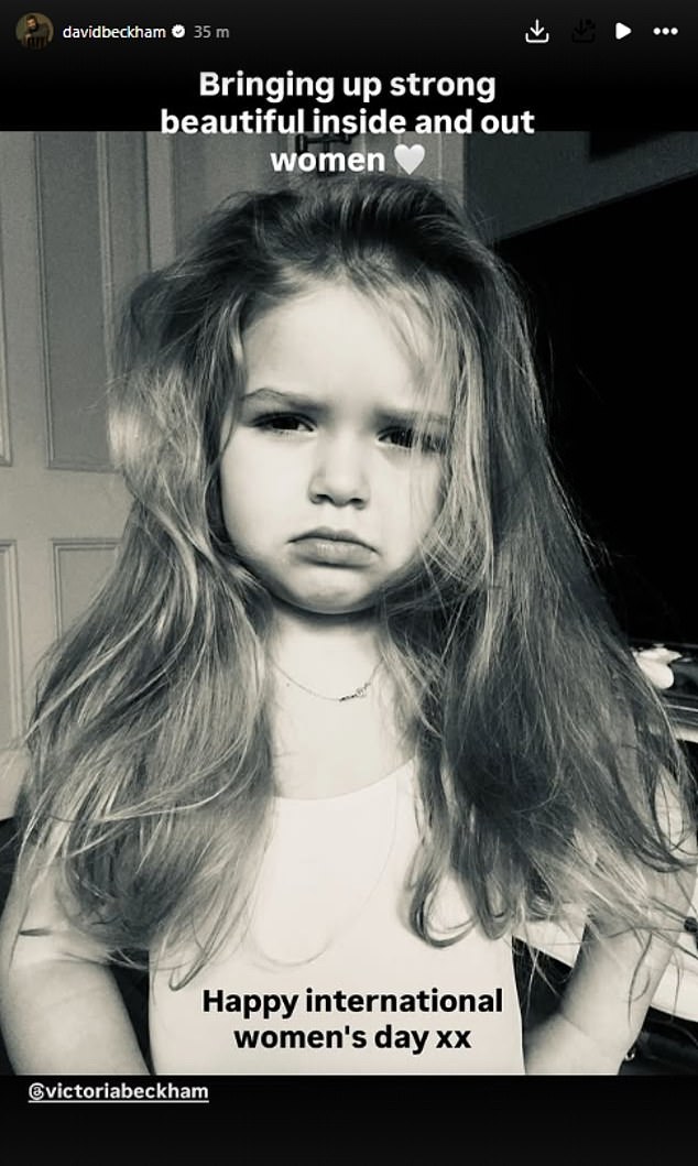 Posting a picture of Harper as a young child, David praised how his wife has raised their daughter as he wrote: 'Bringing up strong, beautiful inside and out women'