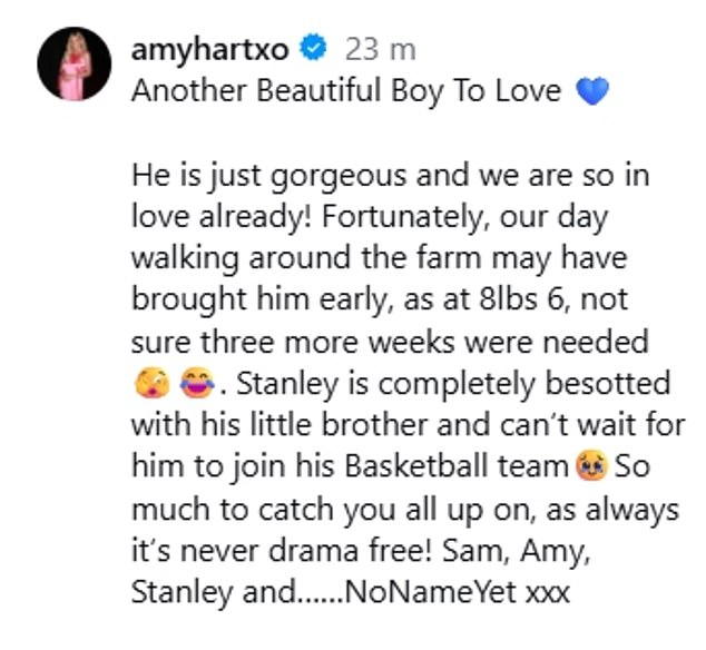 Amy penned: 'Another Beautiful Boy To Love. He is just gorgeous and we are so in love already! Fortunately, our day walking around the farm may have brought him early'