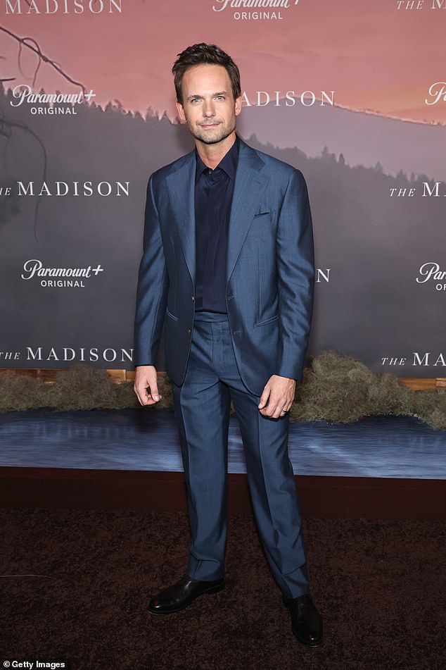 Patrick J. Adams looked suave in a blue satin suit paired with a navy satin shirt and black leather shoes