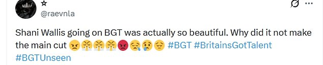 Writing online, fans shared their frustrations over Shani's performance not being featured on the main show