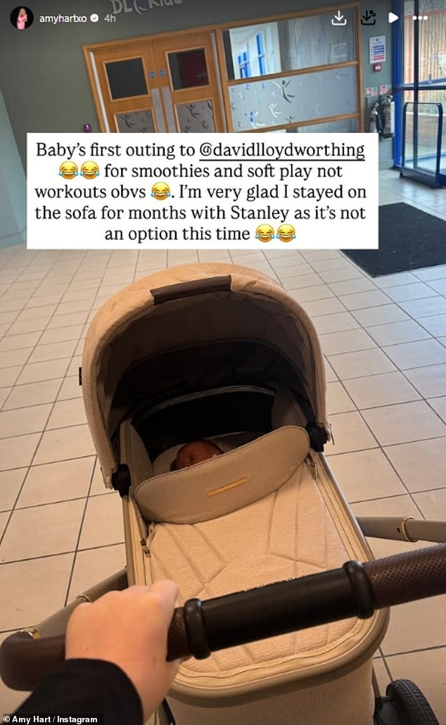 Amy started her day by sharing a picture of her yet-unnamed baby boy in his pram as she took him out for the very first time to David Lloyd Wellness Club