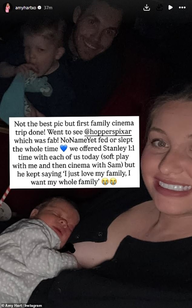 Amy Hart has revealed she enjoyed her first family day out with her newborn son and has shared some sweet words from her eldest child Stanley