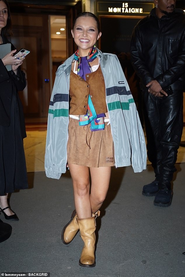 Mia McKenna-Bruce cut a stylish figure in a suede co-ord as she lead the stars at the Miu Miu afterparty during Paris Fashion Week on Tuesday