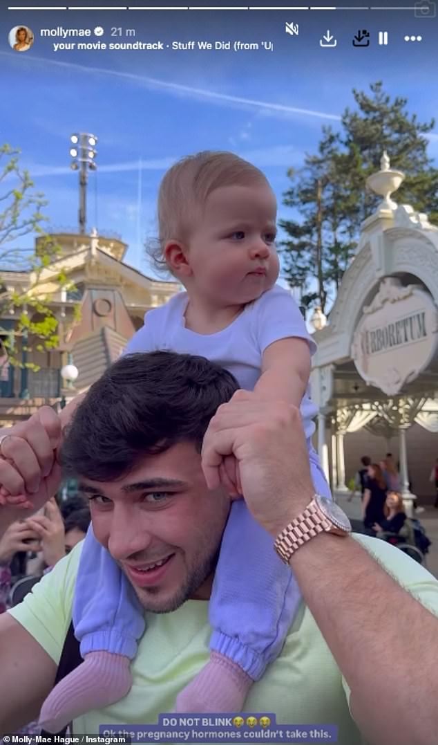 Molly-Mae then posted a throwback image of Bambi at Disneyland as a baby and wrote: 'DO NOT BLINK. Ok the pregnancy hormones couldn't take this'