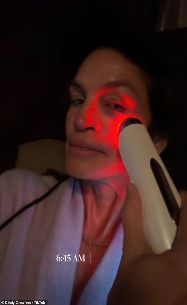 She also gently massages her face with The Wand by Keren Bartov, which costs £1,650 and uses red light to help tighten and rejuvenate the skin