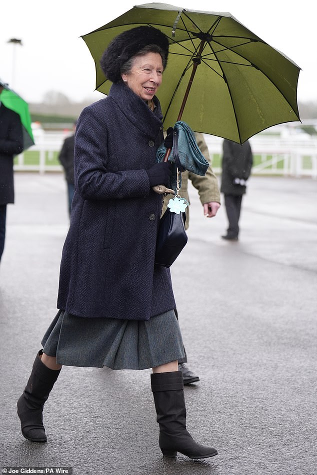 Princess Anne was looking stylish in a suede boots and an elegant grey skirt