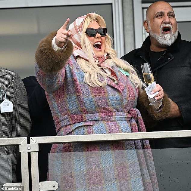 Gemma Collins cheered as she won £5,000 at the Cheltenham races on Thursday as she joined celebs getting into the spirit of things by quaffing champagne
