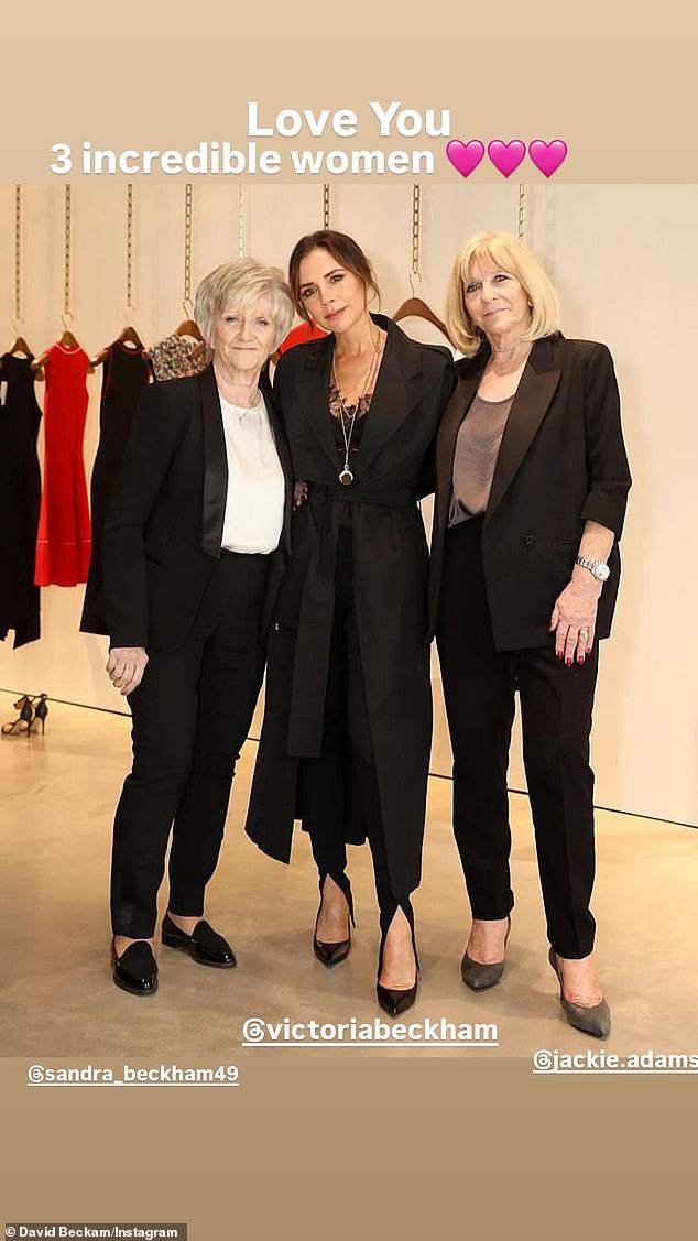 Taking to Instagram on Sunday, David posted a touching tribute to his wife Victoria and also shared a photo of her with his mother Sandra and her own mum Jackie
