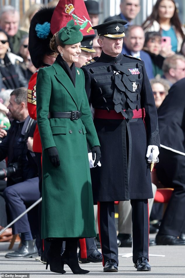 The Princess of Wales donned an elegant green coat and hat as visited the Irish Guards for a St Patrick's Day parade