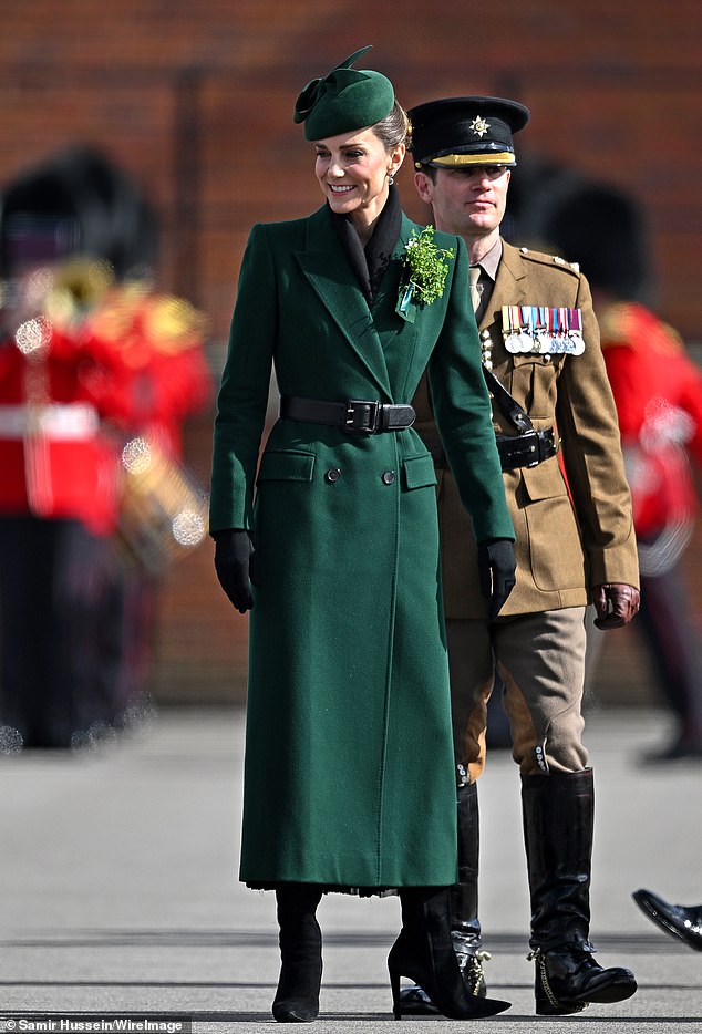 Princess Catherine, who is colonel of the regiment, greeted officers and guardsmen at Mons Barracks in Aldershot this morning