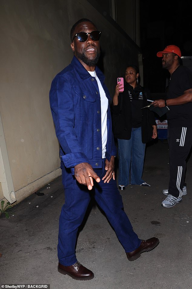 Kevin Hart looked dapper in a blue denim jacket which he teamed with matching trousers