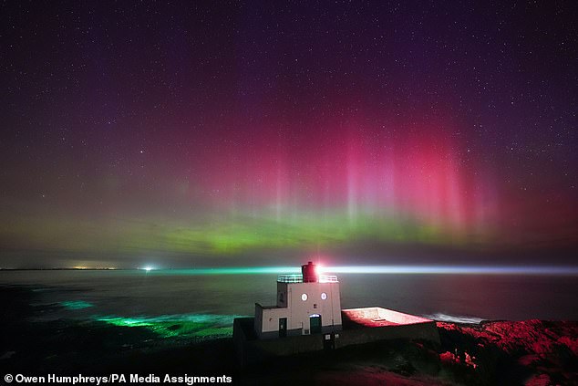 While oxygen atoms produce a green colour in the atmosphere, nitrogen atoms produce a red, blue and pink hue, as seen over Northumberland
