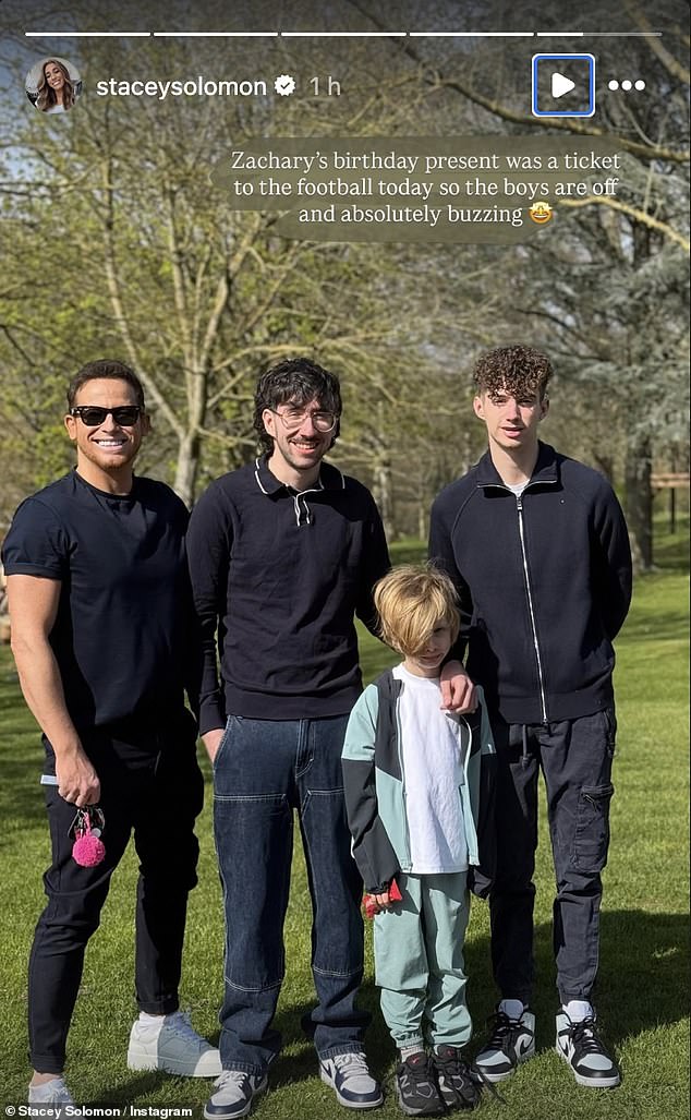 Later in the day, she posted an Instagram Story showing husband Joe and Zachary heading off to a football match