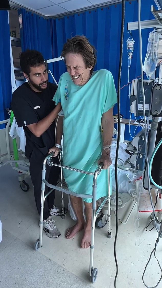 Mogens's wife, Gretha, posted a video of his rehabilitation. In the video, she says he has been in hospital for six weeks