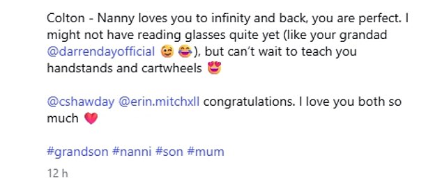 Suzanne was overcome with emotion as she wrote: 'Something beautiful, something true, My baby boy Corey, became a father To a precious son, wrapped softly in blue'
