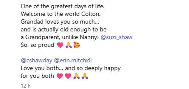 Darren joked about the former couple's age gap as he penned: 'Grandad loves you so much¿and is actually old enough to be a Grandparent, unlike Nanny! @suzi_shaw'