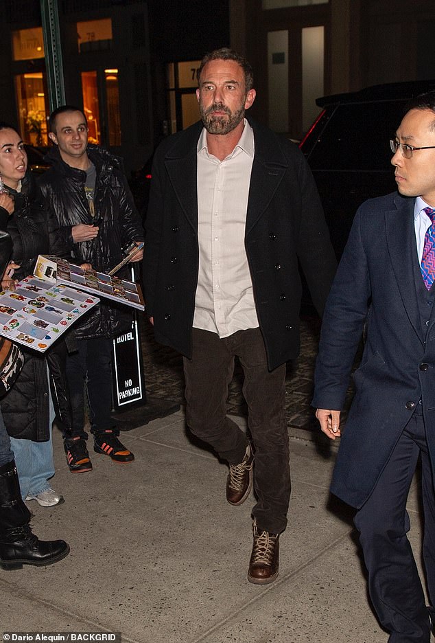 Ben Affleck, 53, was swarmed by fans on Broadway after he took his child, Fin, 17, to watch his pal Daniel Radcliffe perform on stage on Thursday night