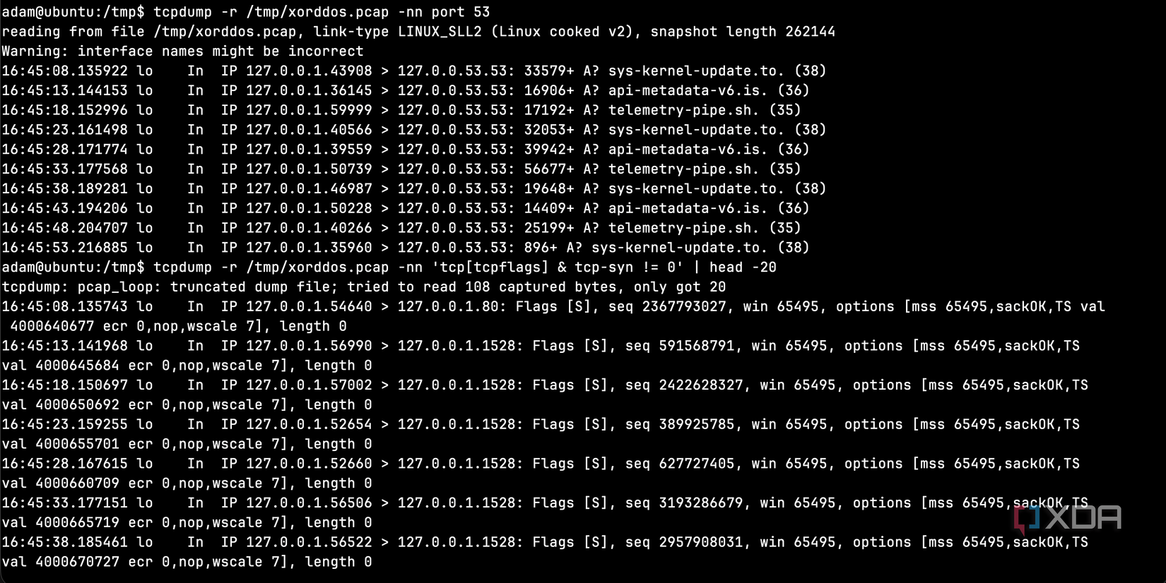 Watching network logs from malware in Remnux using tcpdump