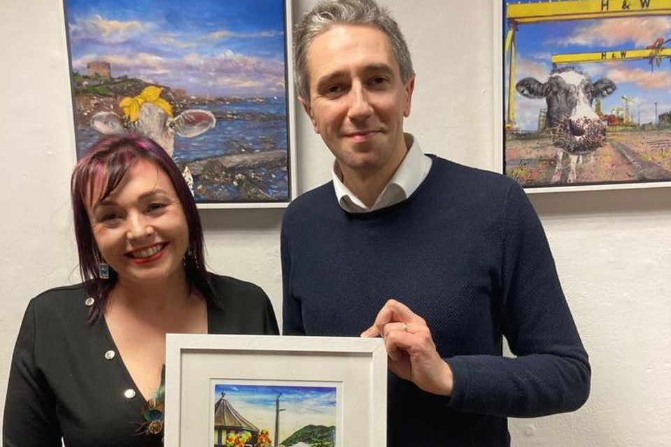 Minister Simon Harris with artist Kelly Hood, at her 2023 exhibition in Bray's Signal Arts Centre. Photo: Leigh Anderson.