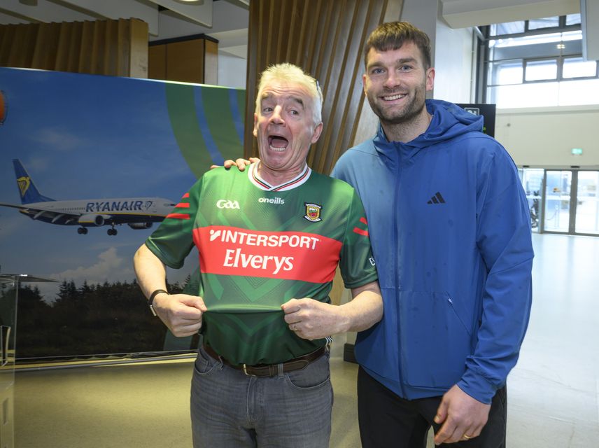 Ryanair chief executive Michael O’Leary pictured with Mayo footballer Aidan O'Shea at Ireland West Airport Knock on Tuesday to mark the airport’s 40th anniversary. Photo: Michael McLaughlin