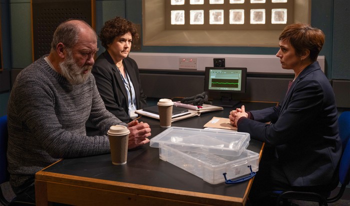 Bear Wolf being interviewed in the police interview room in a scene from Emmerdale.