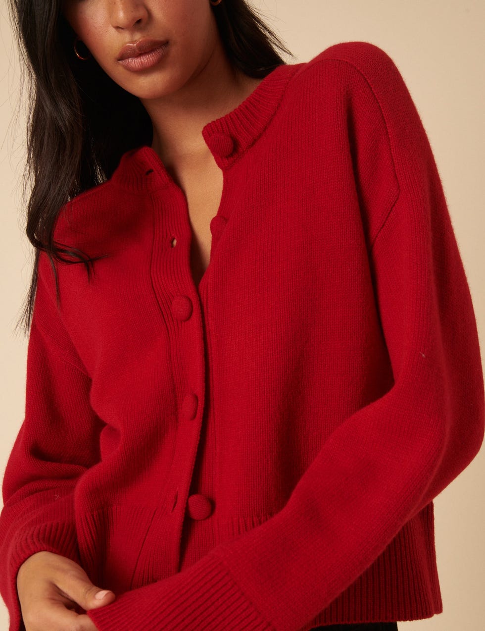 Red Wool Crew Neck Cardigan