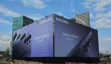 A Samsung Electronics advertisement is seen on the building of the Mobile World Congress 2026