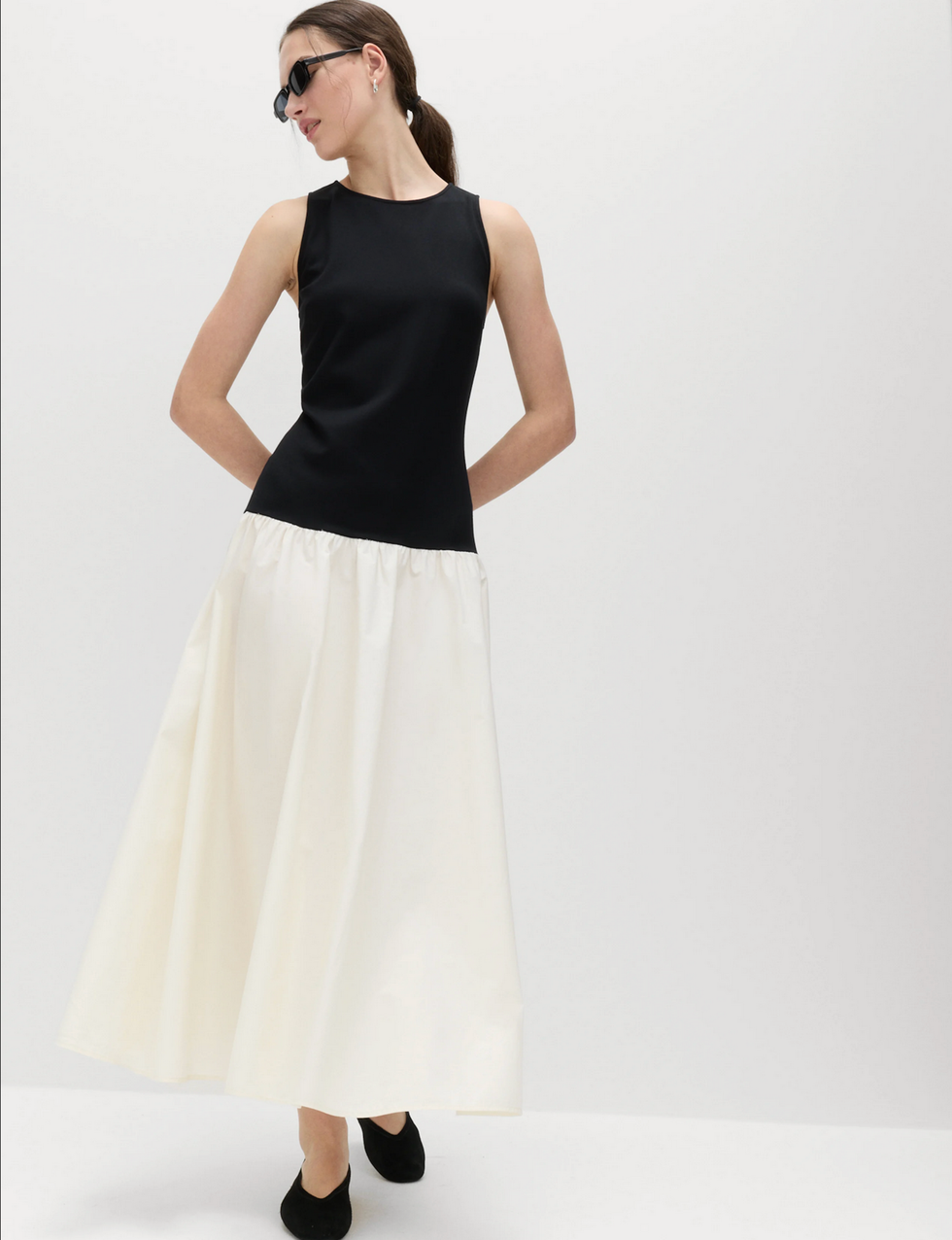 Cotton Blend Contrast Midi Drop Waist Dress