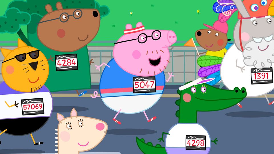 Illustration issued by Hasbro of Daddy Pig training for the TCS London Marathon 2026. Hasbro/PA Wire