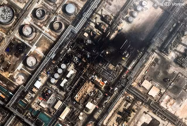 This satellite image provided by Vantor shows damage after a drone attack at Ras Tanura oil refinery, in Saudi Arabia, 