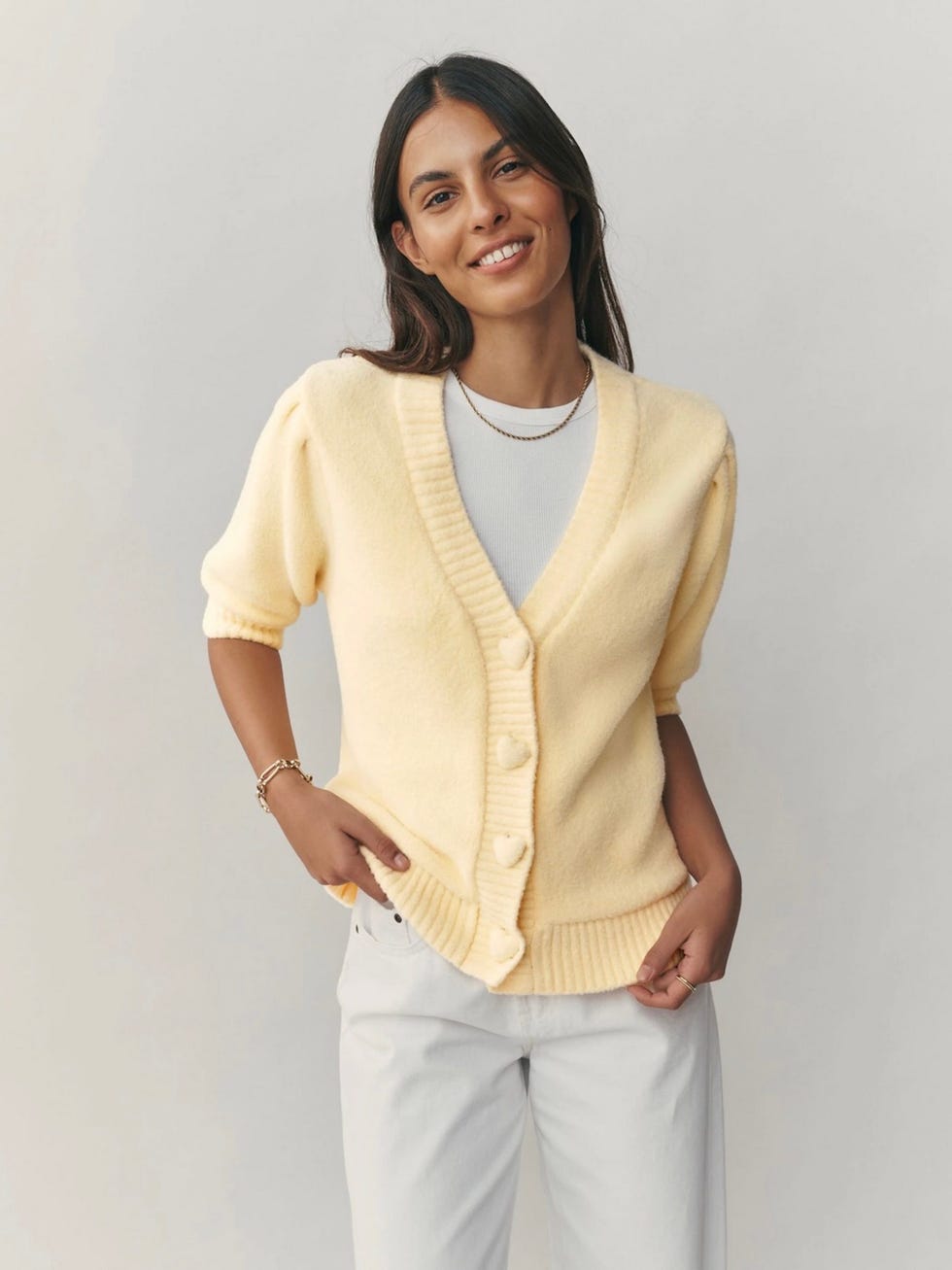 Yellow Cosy Short Sleeve Hearts and Valentines Button Cardigan