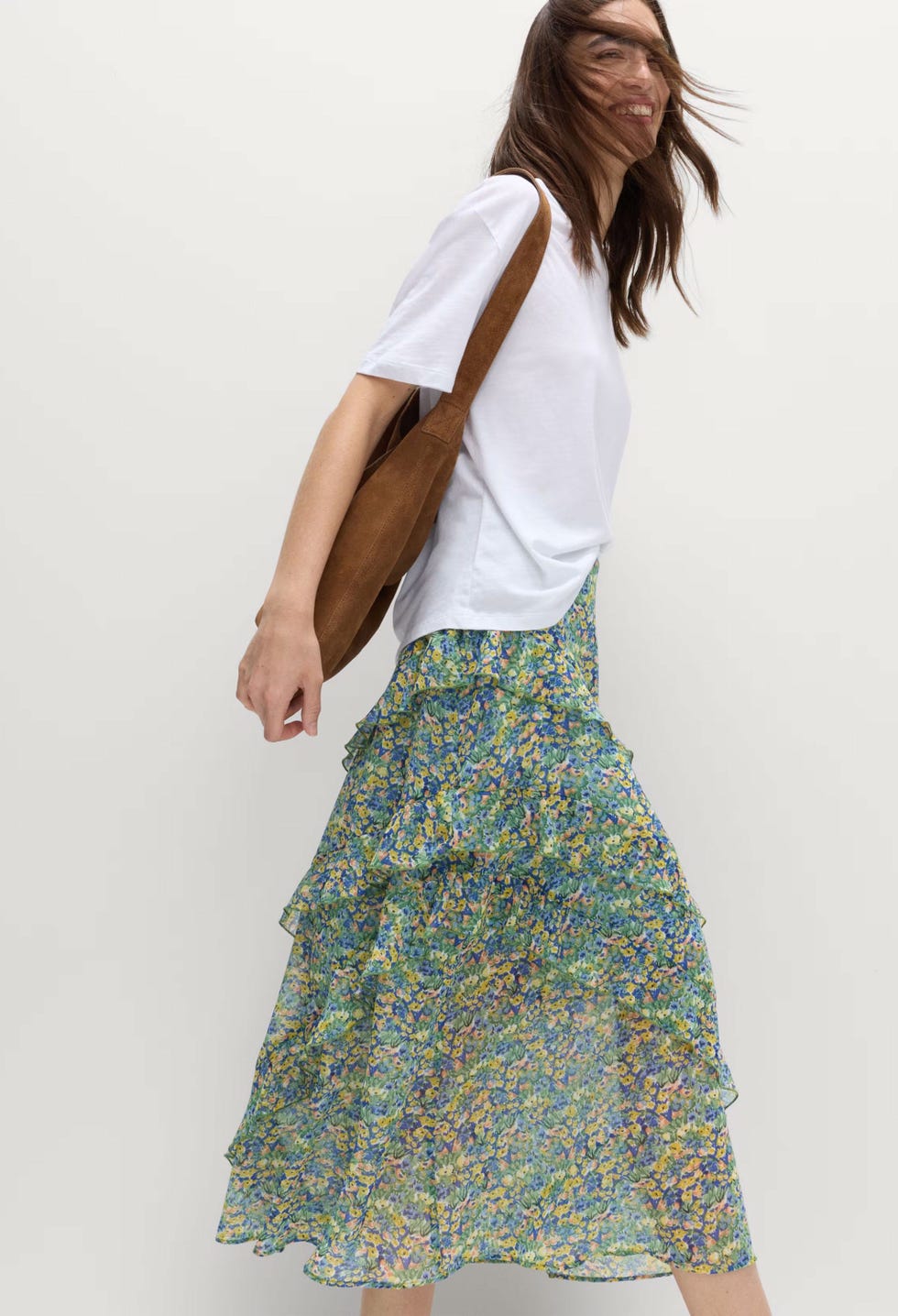 Floral Ruffle Midi Tiered Skirt