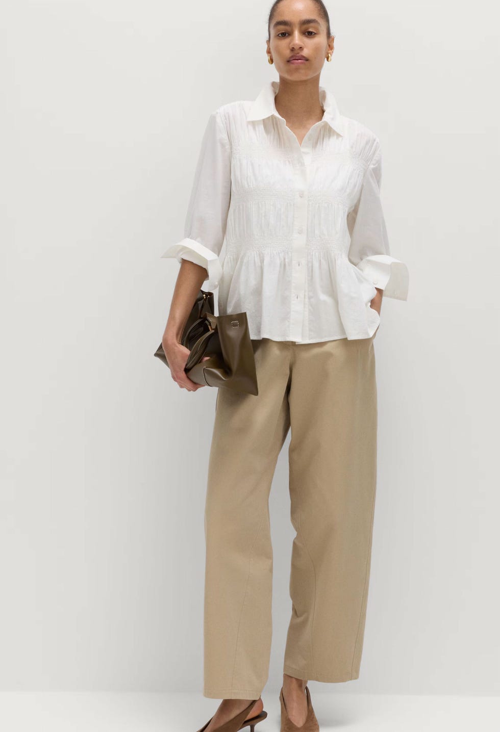 Pure Cotton Shirred Collared Shirt - Soft White