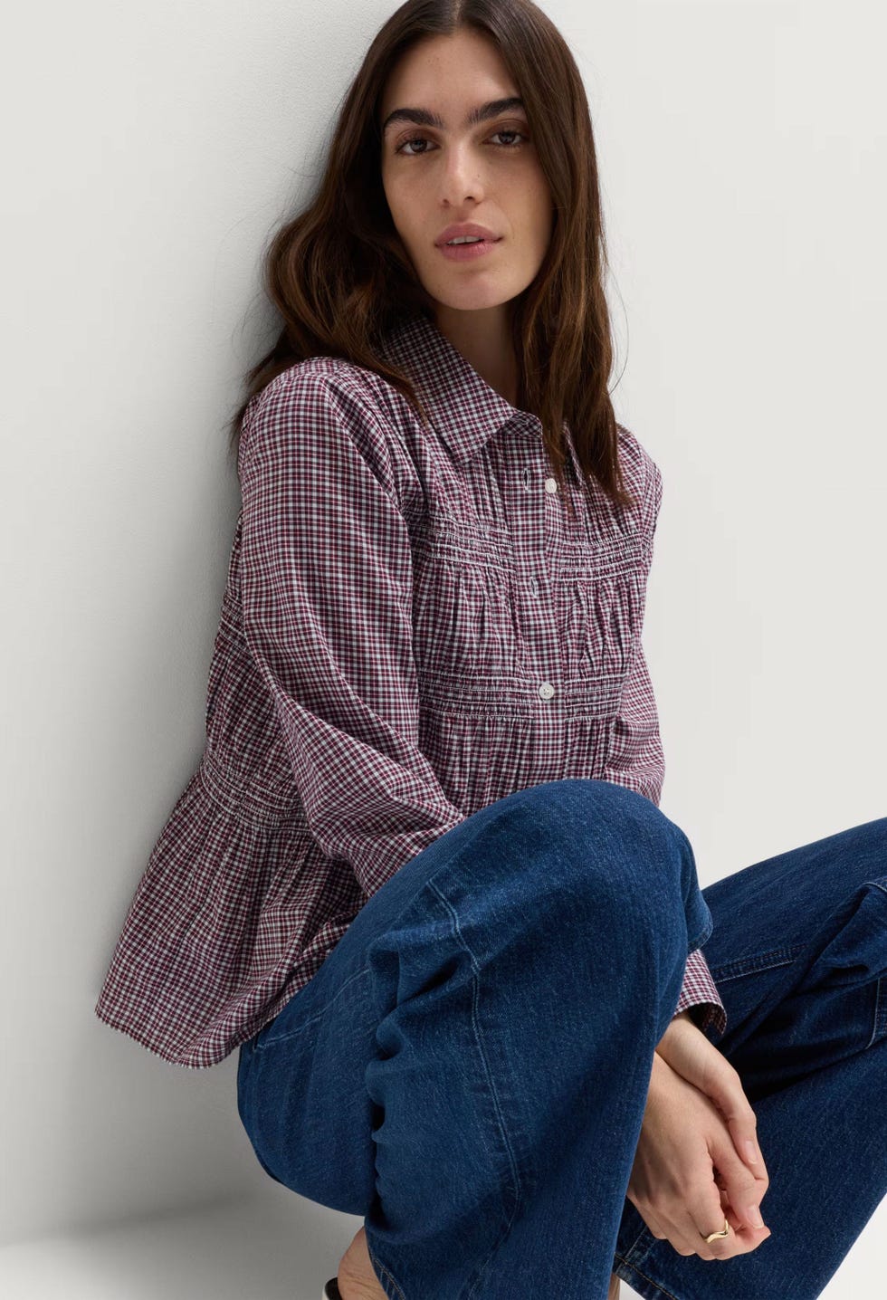 Pure Cotton Shirred Collared Shirt - Red Mix