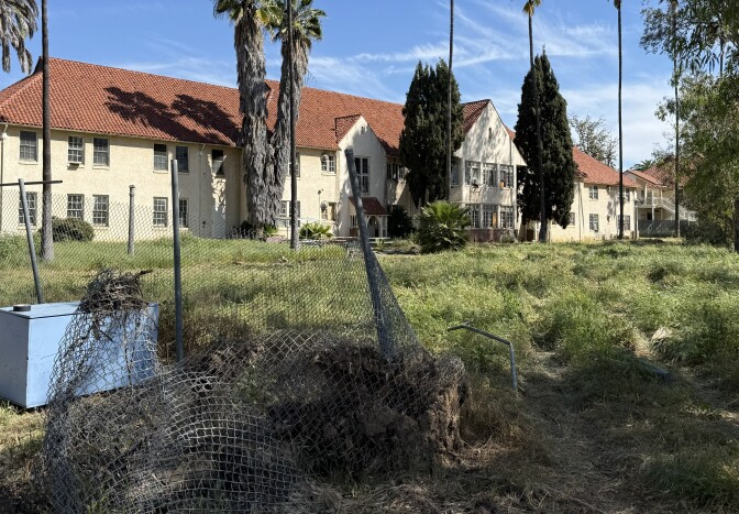 A building is seen by overgrown grass