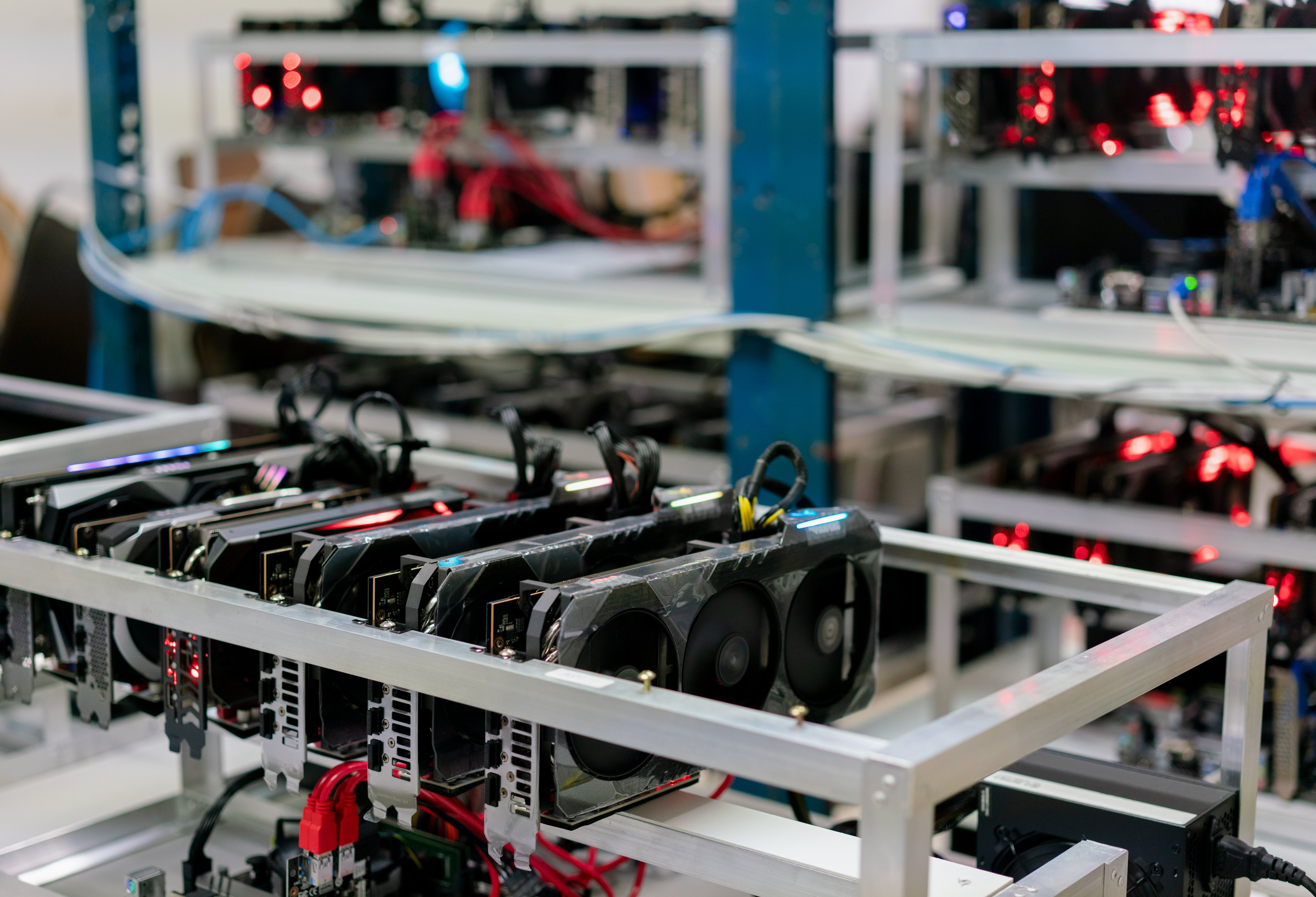 A rack of GPUs in operation.