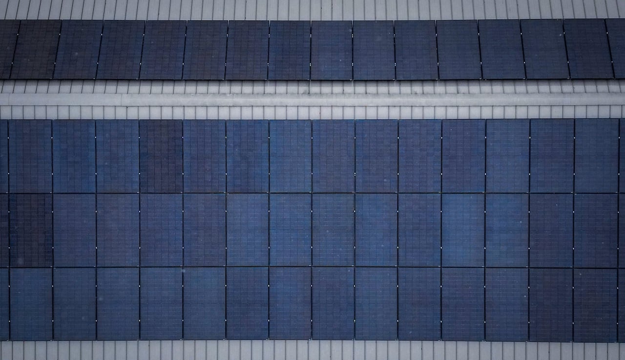 A row of solar panels is seen from above.