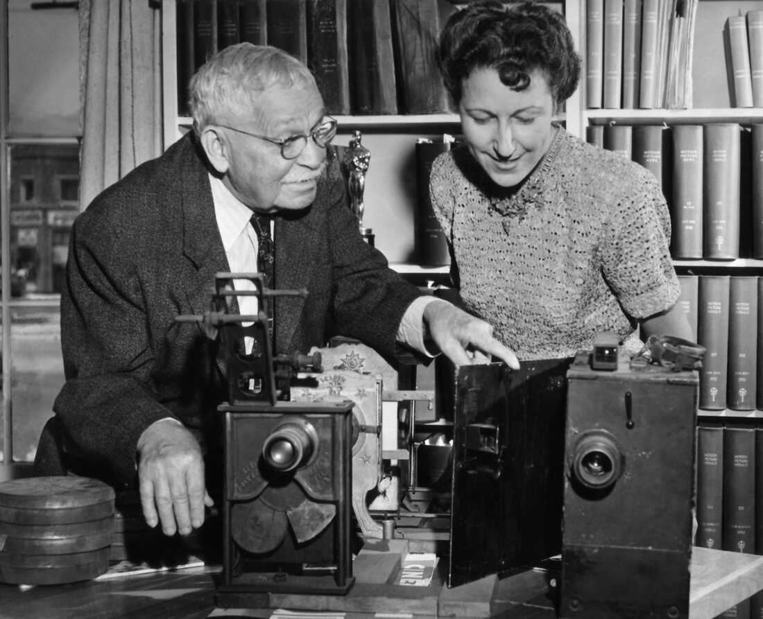 Margaret Herrick, the executive director of the Academy of Motion Picture Arts and Sciences in Hollywood, pictured with film pioneer Col. William Selig in 1947. 