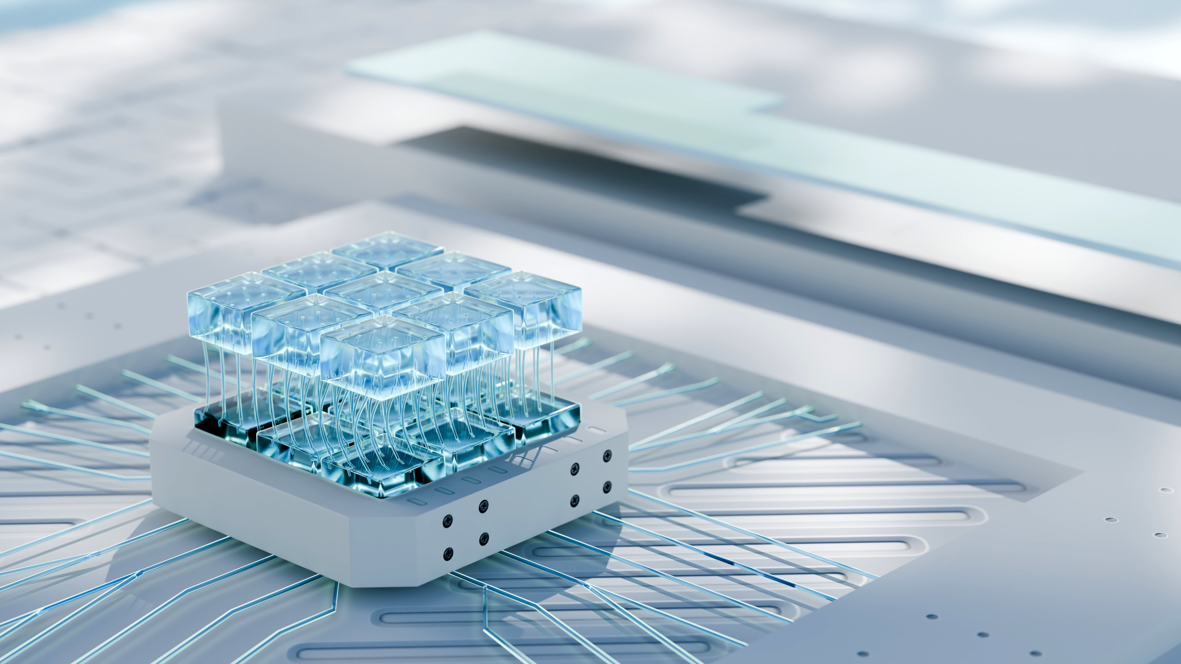 A chip architecture rising up from an enclosure. 