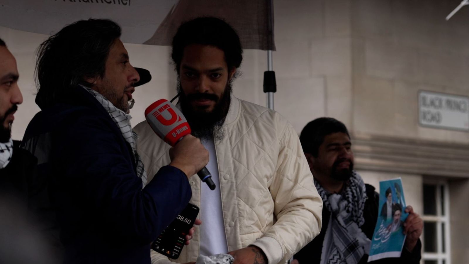 Vylan (centre) on stage at the Al Quds Day demonstration