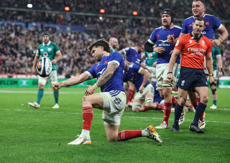 France's Matthieu Jalibert celebrates scoring his side's second try during the game against Ireland at Stade de France. Photograph: Inpho