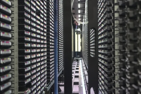 Computer equipment at the Poznan Supercomputing and Networking center is seen in Poznan, Poland, Wednesday, Jan. 28, 2026. (AP Photo/Pietro De Cristofaro)